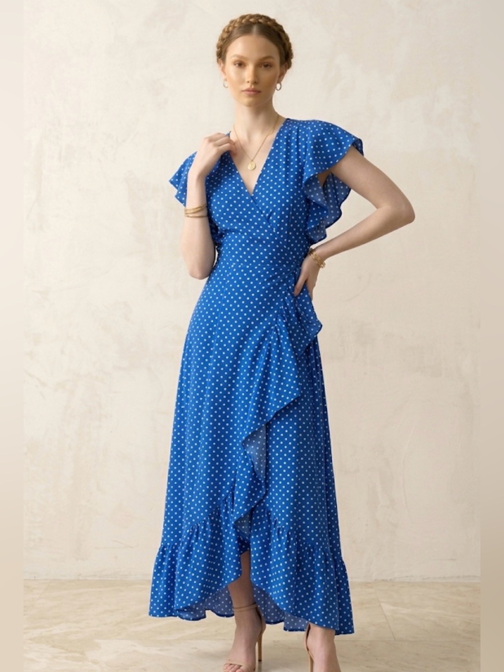 Bali Elf Carmen Wrap Dress Blue White Polka Dot Print Size XL Ruffle Maxi